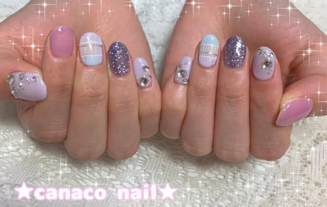 ネイル アートネイル ブルー ジェルネイル パラジェル パープル ハンドネイル ハンドケア ベテランネイル cnc nailのネイルデザイン