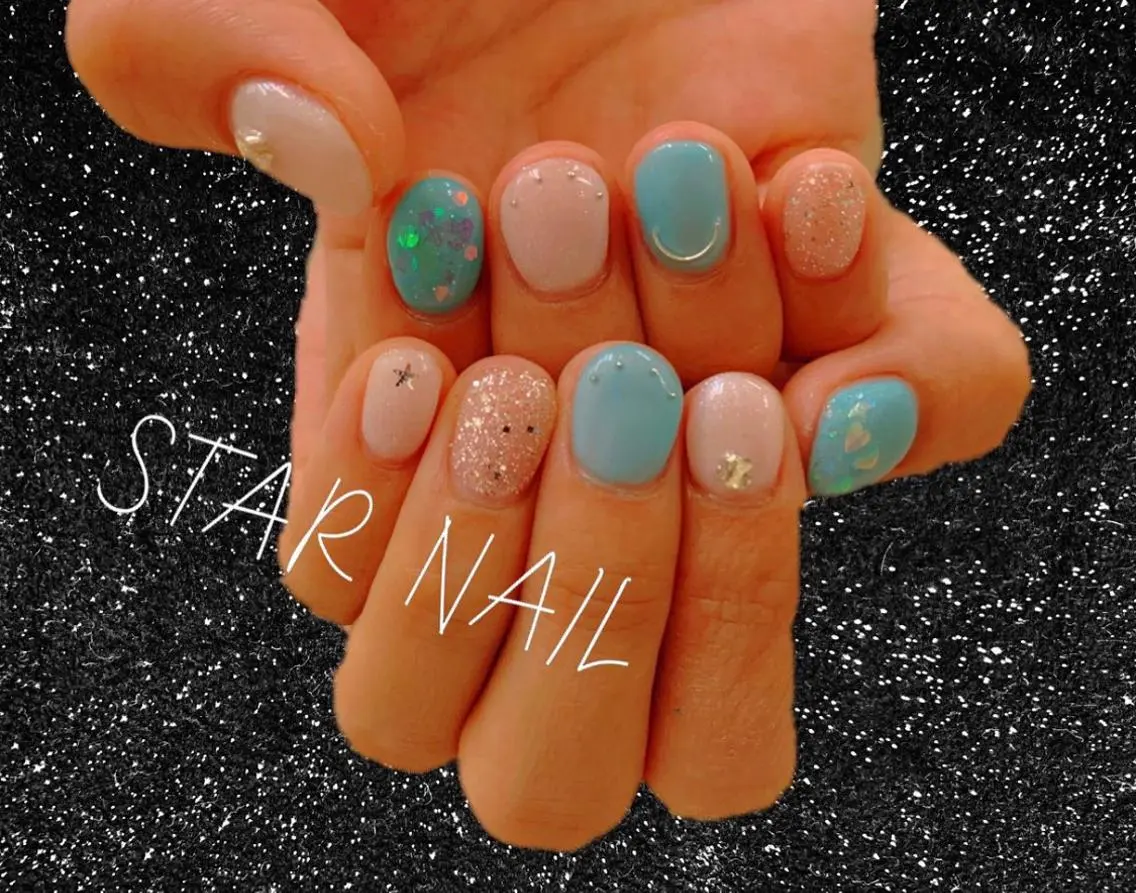 ネイル ブルー クリアネイル ハート ホログラムネイル キラキラネイル STAR NAILのネイルデザイン