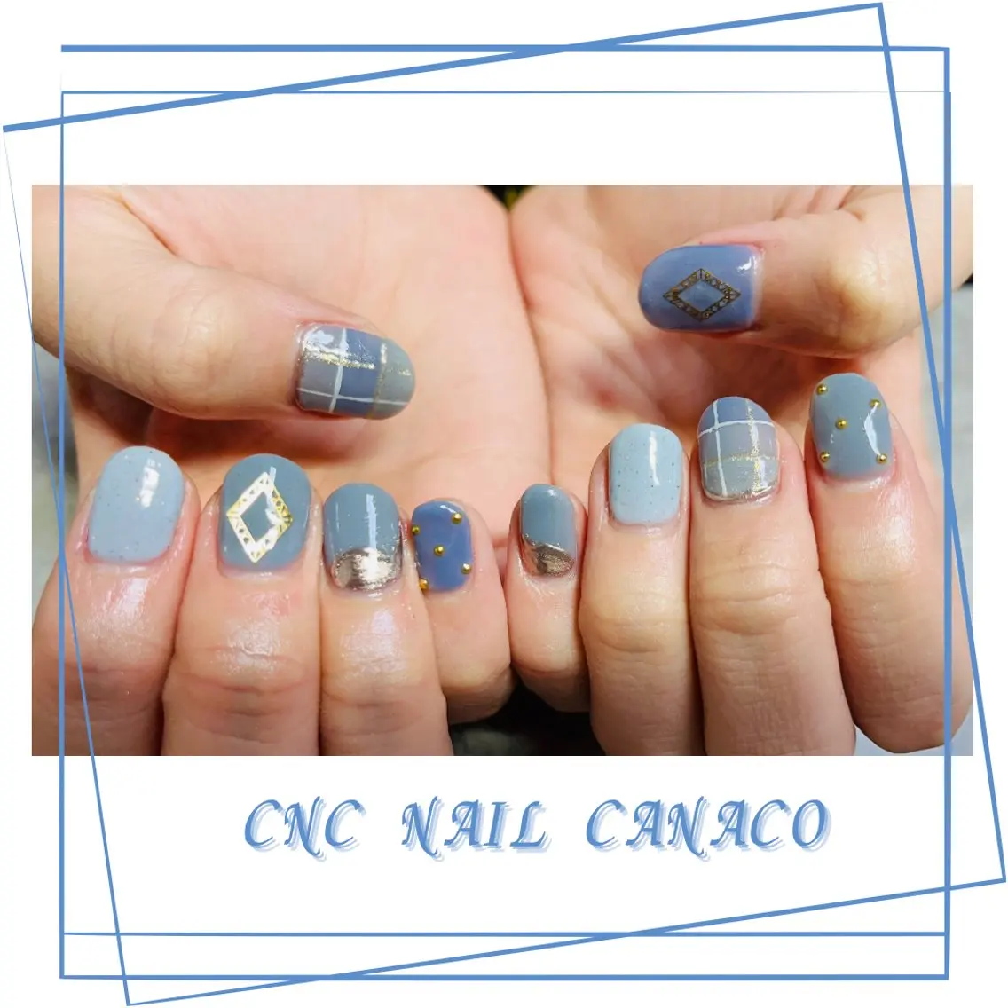 ネイル アートネイル ブルー 持ち込み ストーンネイル ハンドネイル ハンドケア ベテランネイル cnc  nailのネイルデザイン