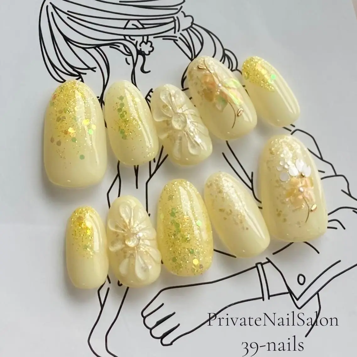 ネイル フラワーネイル ジェルネイル パラジェル ぷっくりネイル 黄色 39-nails EharaMikuのネイルデザイン