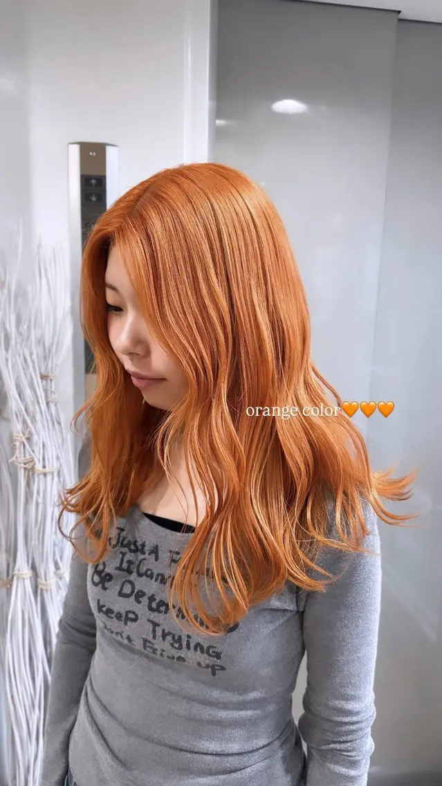 ロング カラー ベージュカラー ブリーチ オレンジ オレンジベージュ ヘアカラー トリートメント ♡韓国ヘア♡遠藤 美夢のヘアスタイル