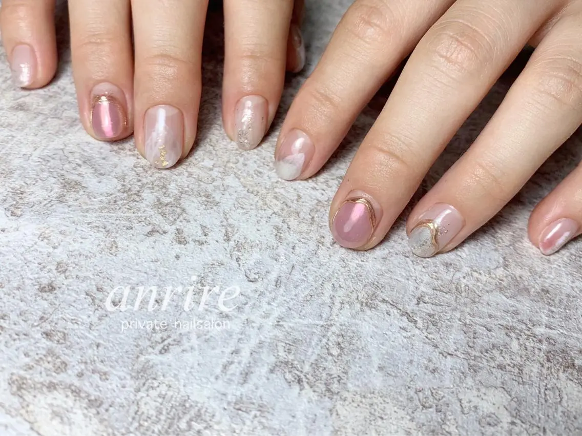 ネイル ジェルネイル ミラーネイル ニュアンスネイル パラジェル ピンク ハンドネイル nailsalon anrireのネイルデザイン