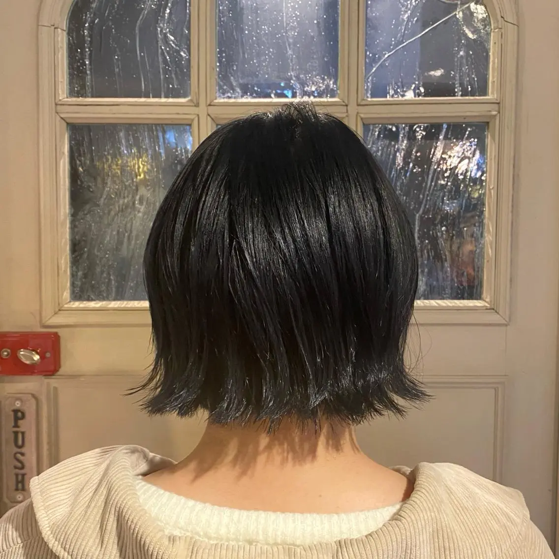 ショート カラー 黒髪 ブリーチ ブルーカラー ブルーブラック BRITS 渡辺 菜々子のヘアスタイル