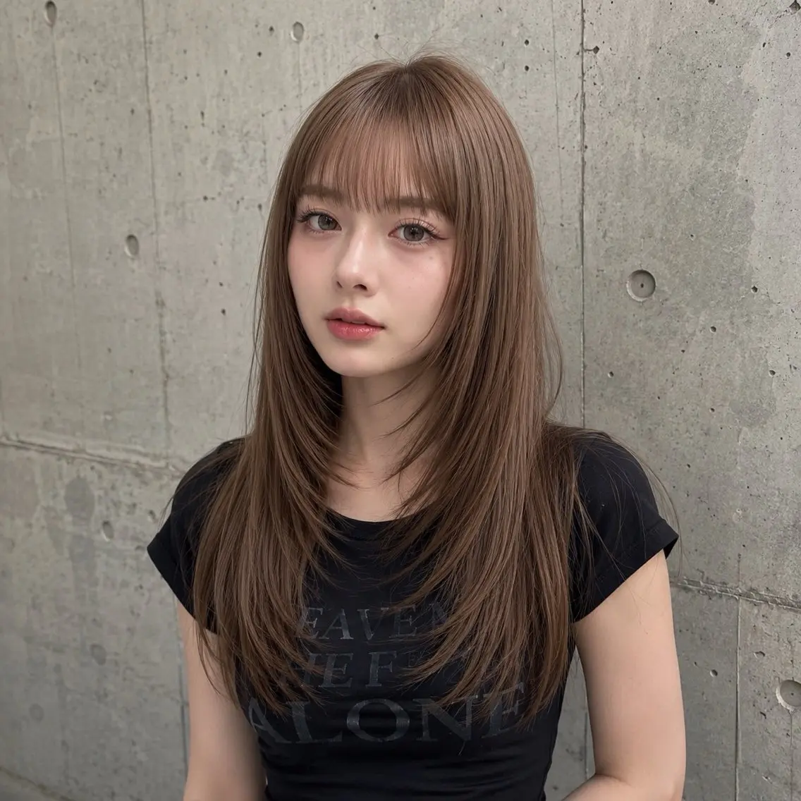 ロング カラー ロングレイヤー ブラウンカラー 透明感カラー モカブラウン 韓国風ヘア カット ヘアカラー トリートメント 盛れる顔まわりカット 髪質改善/渋谷/れんのヘアスタイル
