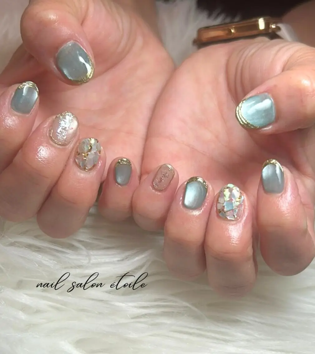 ネイル 水色 マグネットネイル ハンドネイル nail salon étoileのネイルデザイン