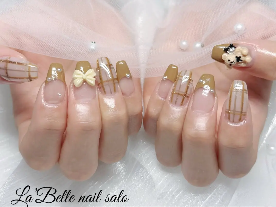 ネイル 韓国ネイル ぷっくりネイル リボン スカルプネイル ワンホンネイル ハンドネイル La’Belle nail サロンのネイルデザイン