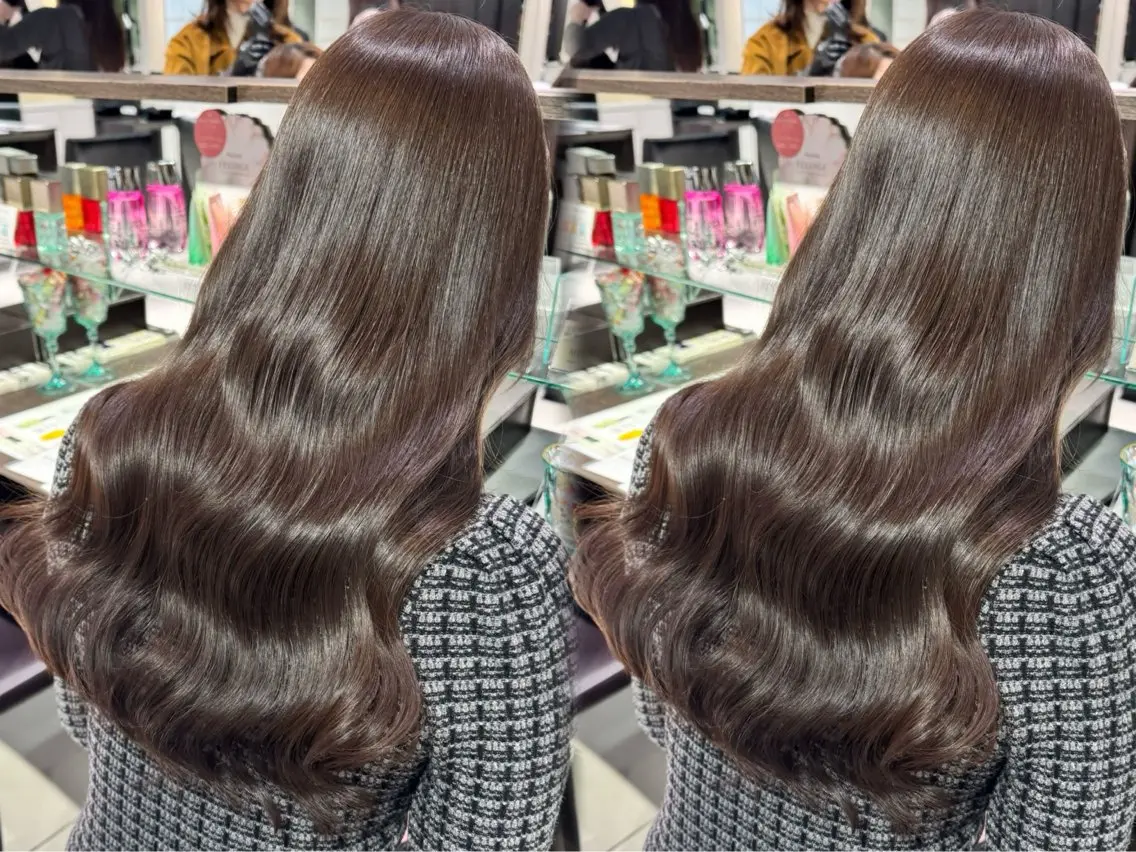 ロング ヘアカラー トリートメント 透明感グレージュ/ 縮毛矯正/静岡のヘアスタイル