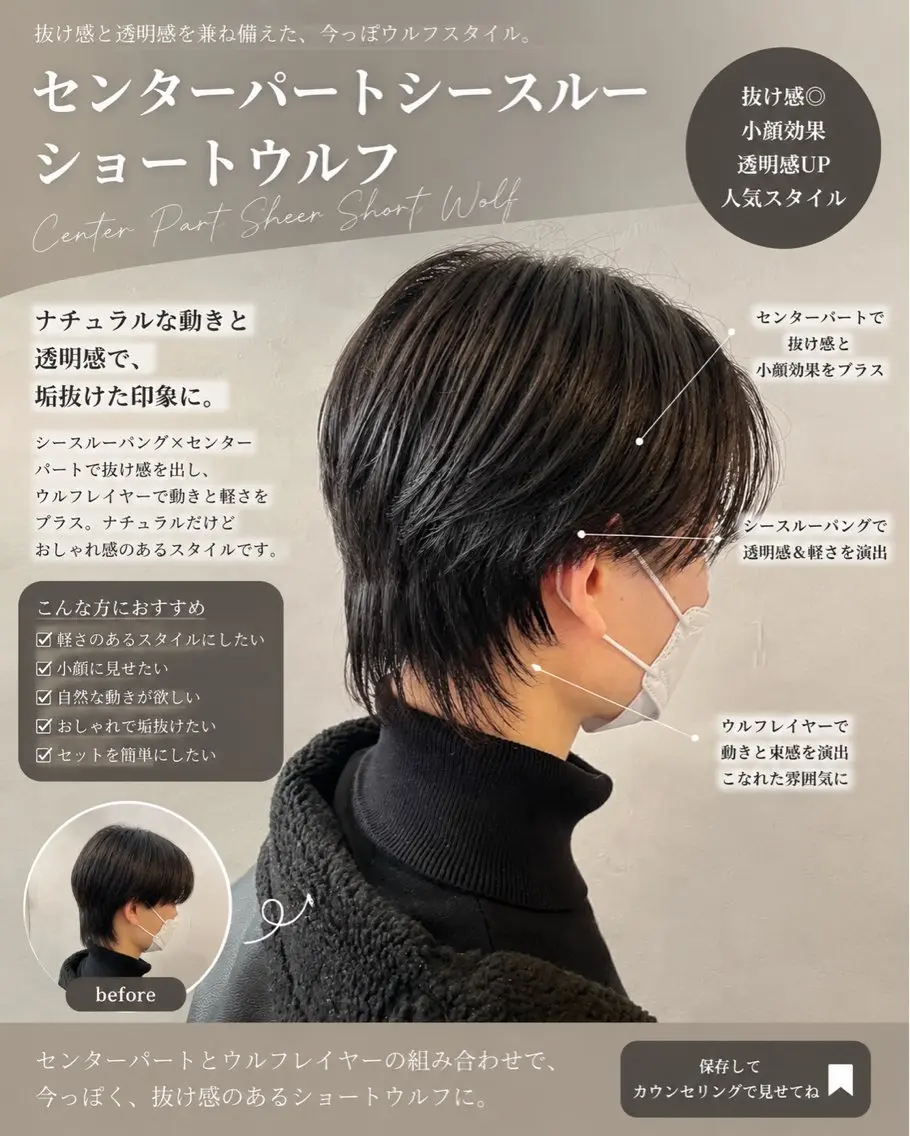 ミディアム メンズ センターパート メンズウルフカット ウルフカット 🌿Afinar マネージャー守利🌿のヘアスタイル