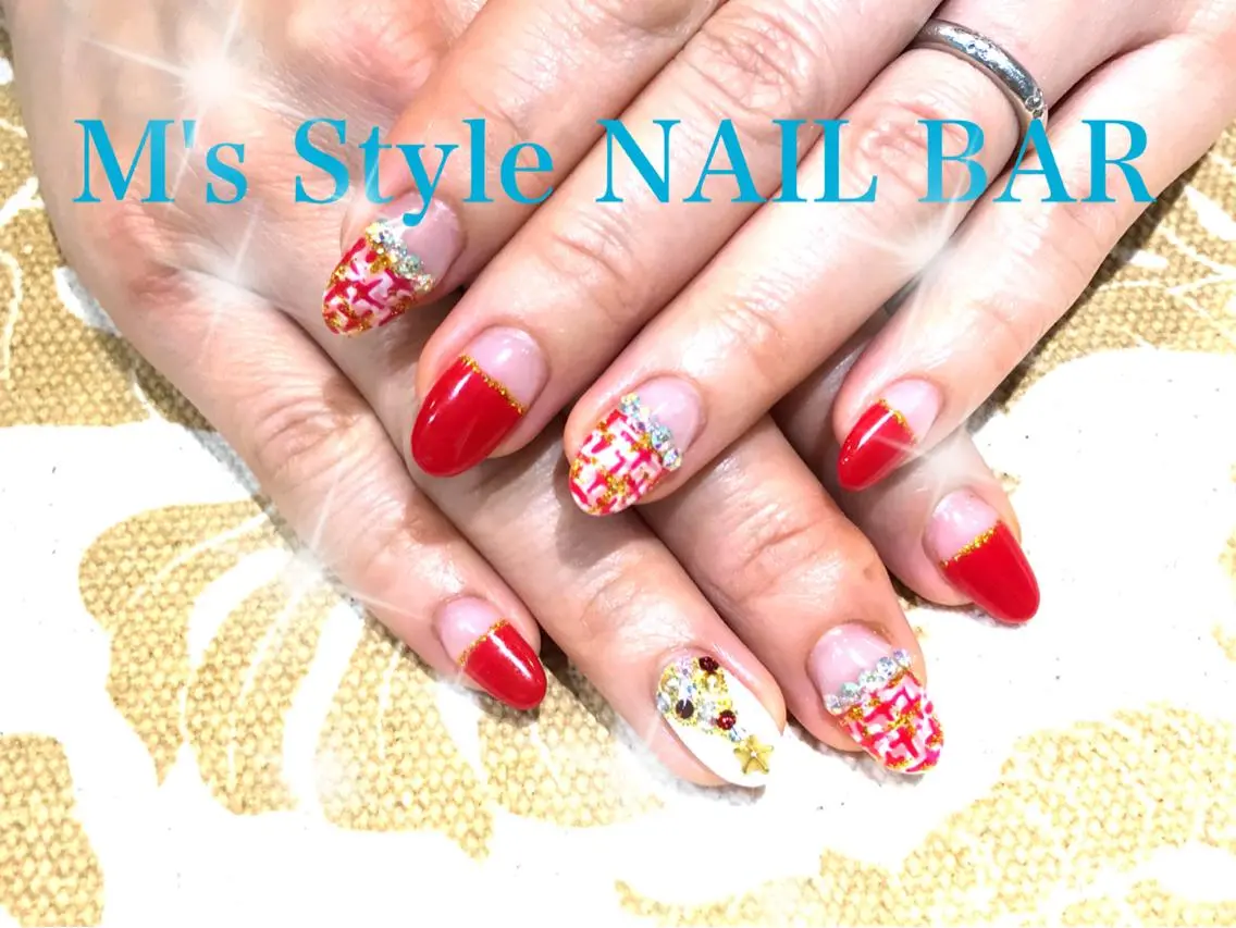 ネイル 赤色 ツイードネイル 冬ネイル クリスマス ハンドネイル M's Style NAIL BARのネイルデザイン
