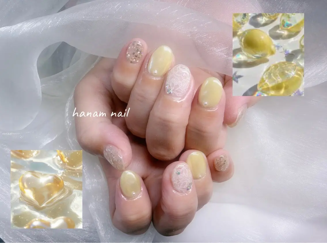 ネイル オーロラネイル 黄色 ハンドネイル hanam nail 🌿🩵ハナムネイルのネイルデザイン