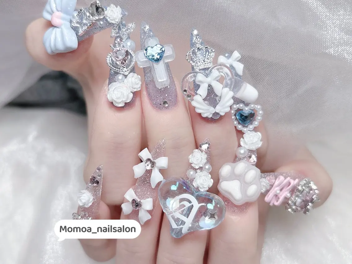 ネイル 成人式 ロングネイル マグネットネイル 大理石ネイル(マーブル) 持ち込み ハンドネイル MoMoA Nail ネイル長さ出し専門店のネイルデザイン