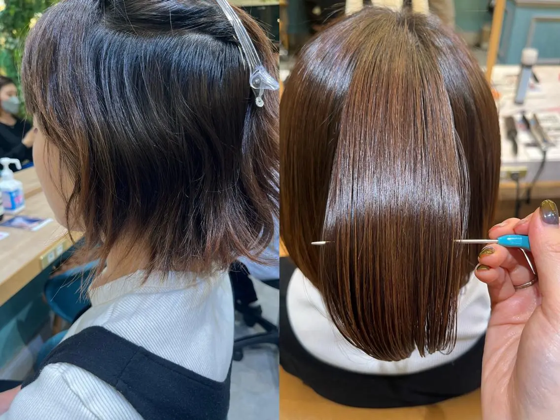 <髪質改善>✨縮毛矯正✨+カット✂︎+高保湿1stepトリートメント超音波アイロン付き🫧#レイヤーカット#ボブの写真