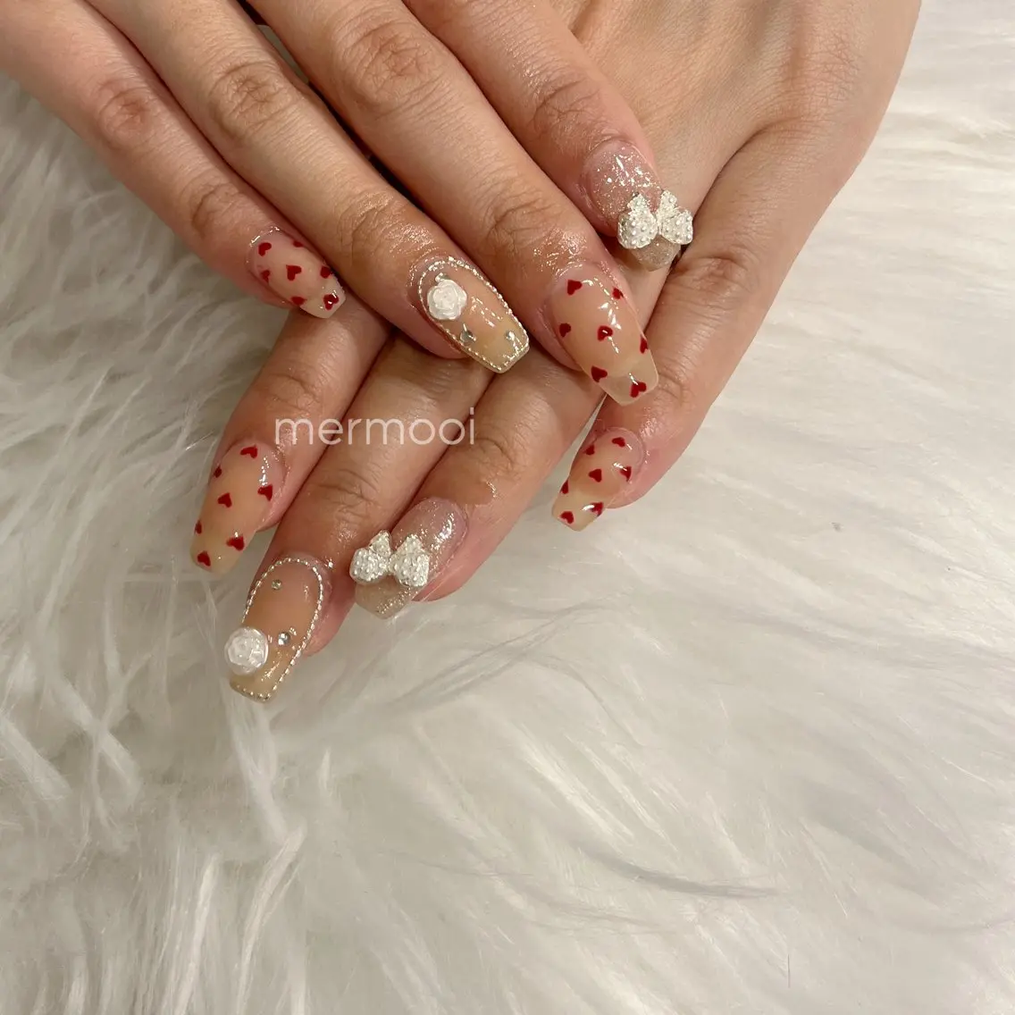 ネイル ハート 韓国ネイル リボン ワンホンネイル mermooi nailのネイルデザイン