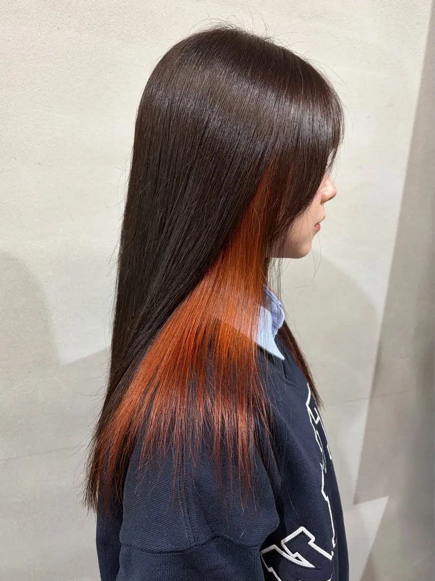 ロング カラー ブリーチ ブラウンカラー オレンジ カット ヘアカラー トリートメント 柏 デザインカラー/ レイヤー🐣シオリのヘアスタイル