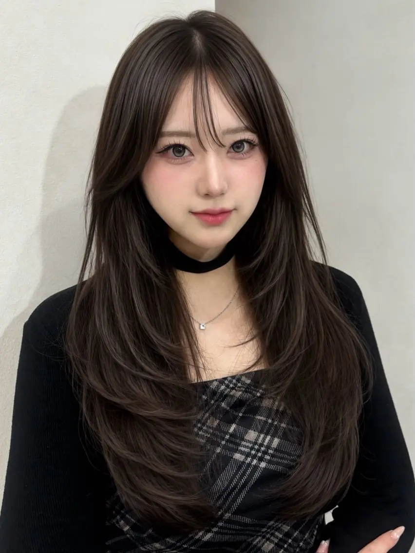 ロング 顔まわりレイヤー 顔周りカット ハッシュカット 髪質改善 韓国風ヘア 岡田 聖蘭のヘアスタイル