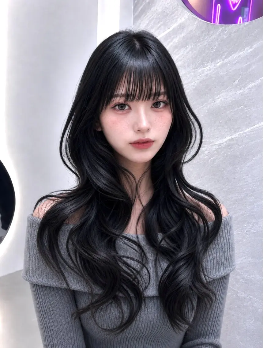 セミロング カラー ヘアアレンジ 黒髪 ブルーカラー ブルーブラック 透明感カラー グレージュ カット ヘアカラー 🖤kana韓国ヘア 艶髪カラー特化🖤のヘアスタイル