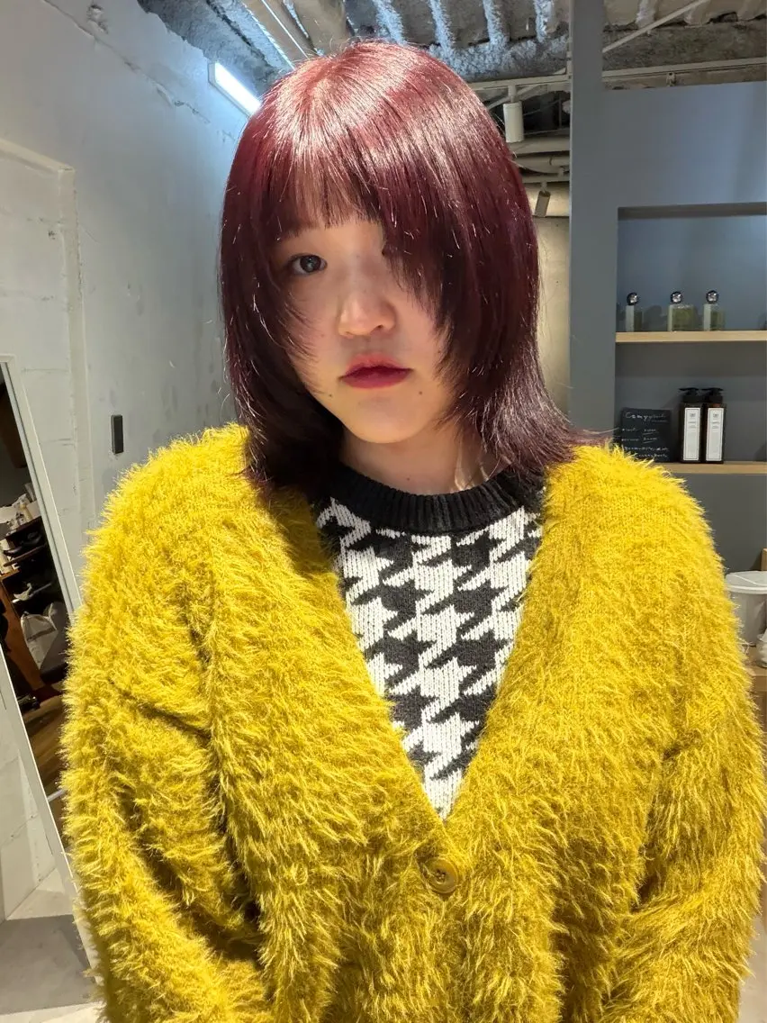 ミディアム カラー レッドカラー ボブ 顔周りカット レイヤーカット ヘアカラー トリートメント カットモデル募集/ 石川絢佳🍓⸝⸝꙳のヘアスタイル