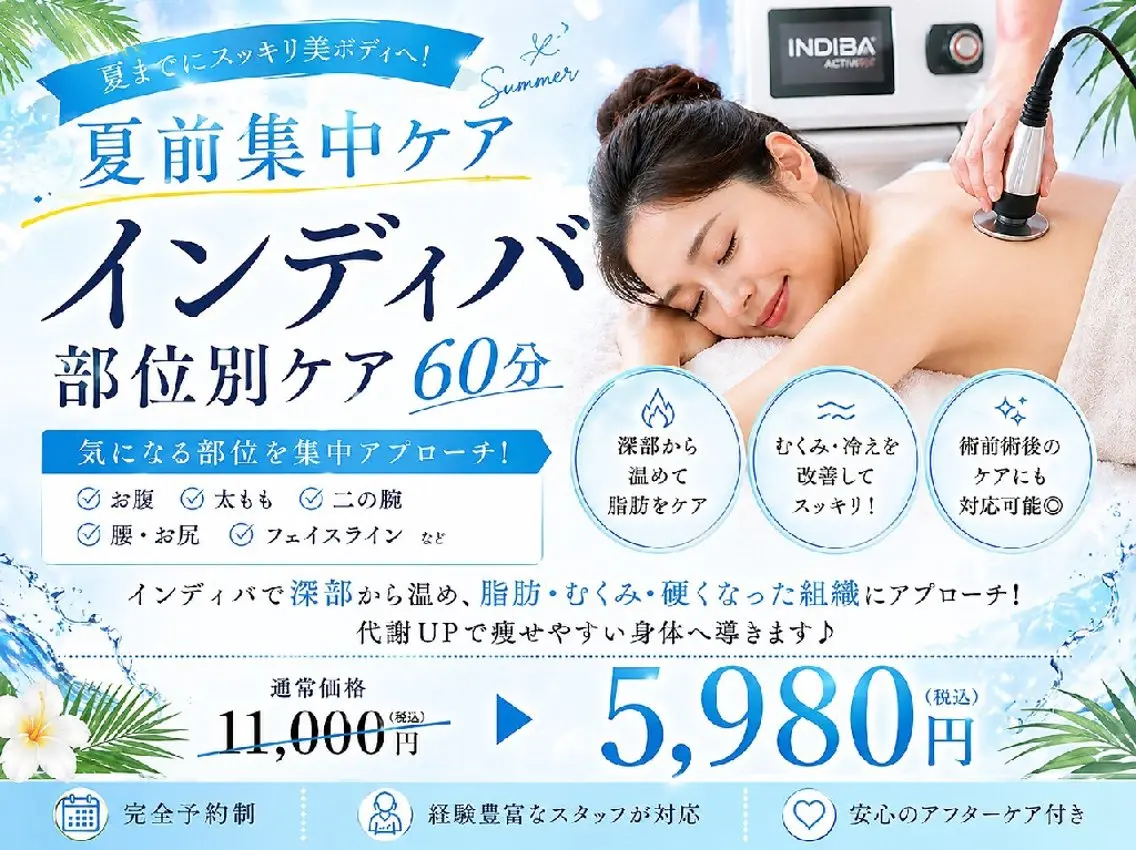 【夏前集中ケア】インディバ系部位別60分むくみ・脂肪ケア11000円→5980円の写真