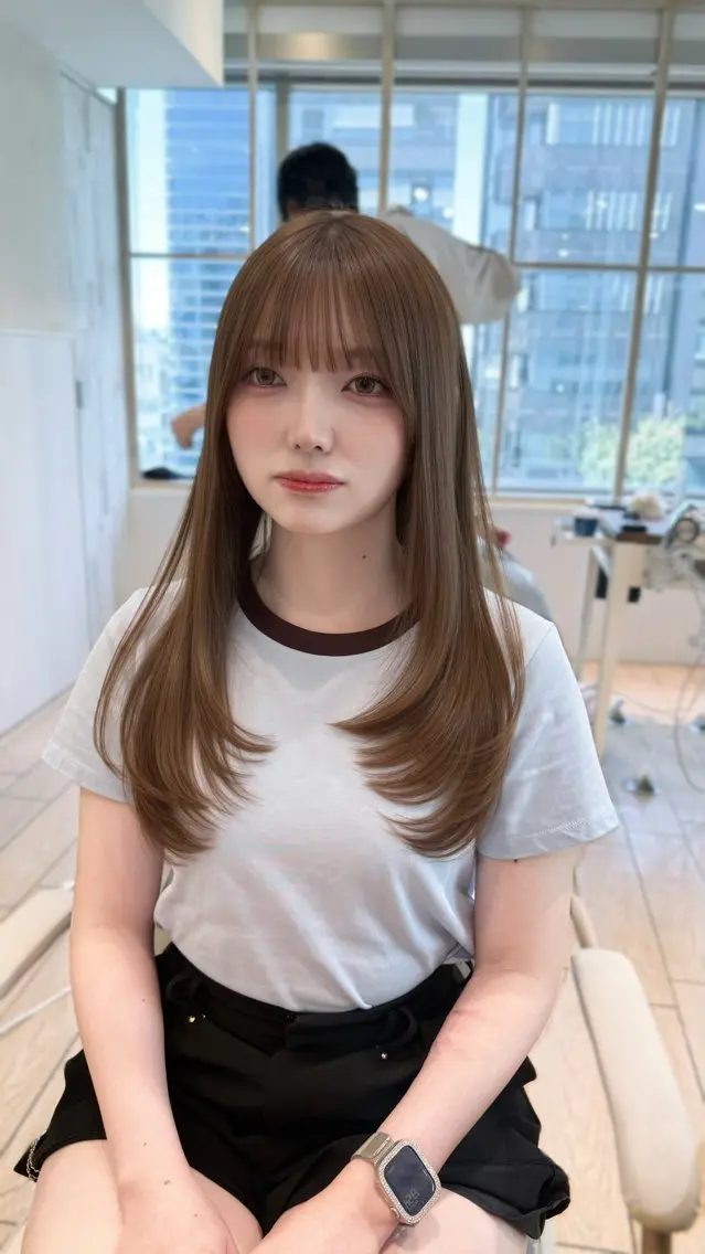 セミロング カット ヘアカラー トリートメント 表参道小顔カット前髪 割れ改善クロスパーマのヘアスタイル
