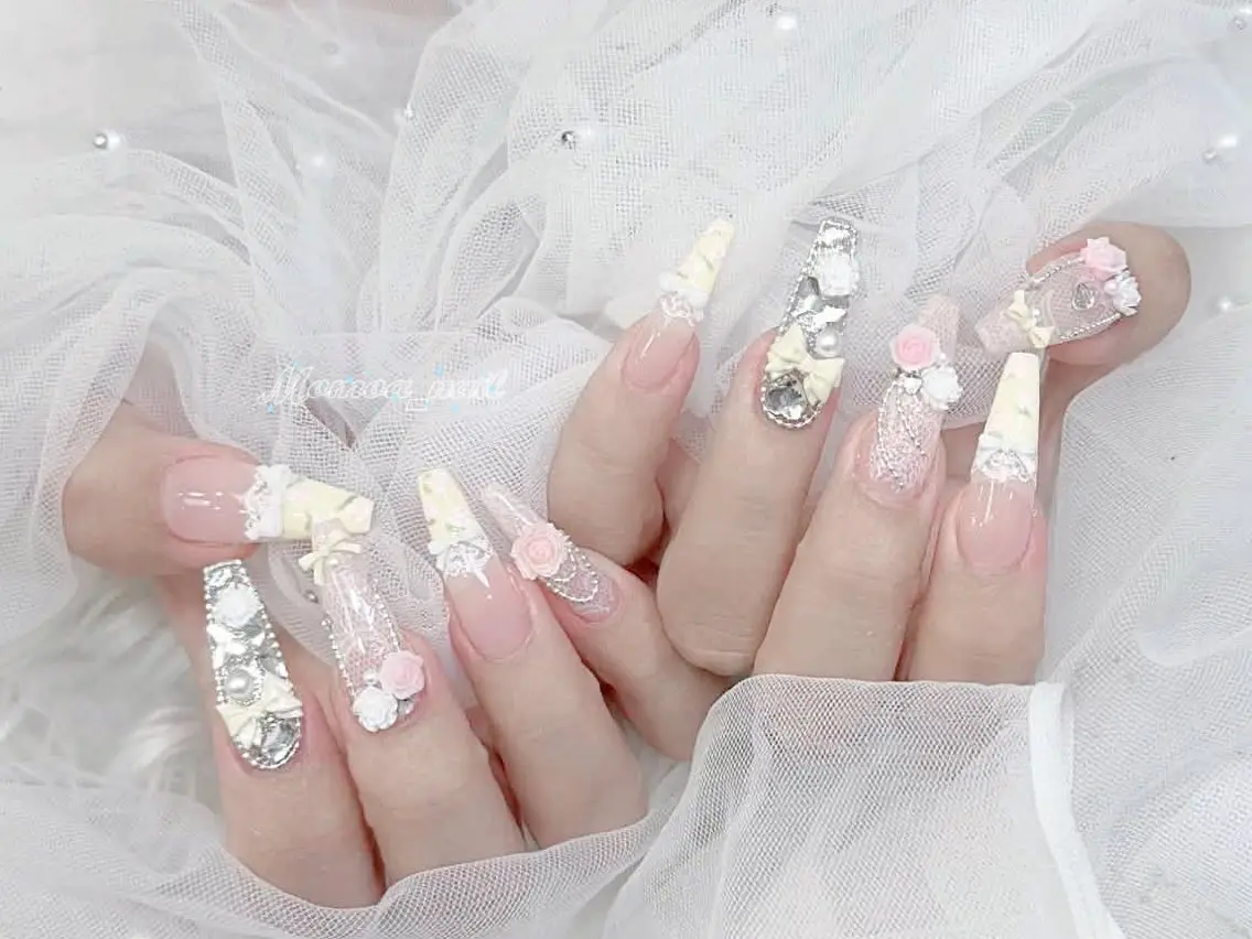 ネイル 成人式 大理石ネイル(マーブル) リボン 夏ネイル ネイルチップ ハンドネイル MoMoA Nail ネイル長さ出し専門店のネイルデザイン
