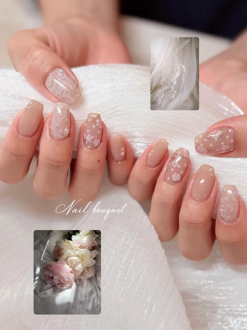 ネイル カジュアル ドット フレンチネイル ガーリー キラキラネイル ハンドネイル Nail bouquetのネイルデザイン