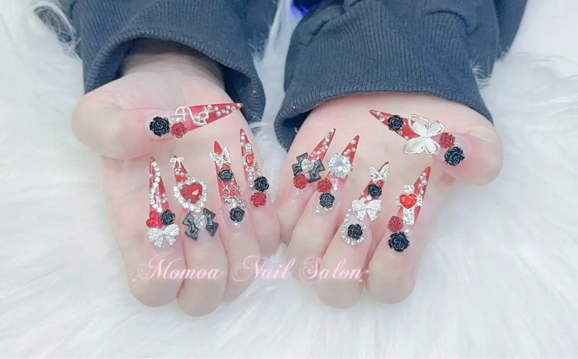 ネイル 成人式 大理石ネイル(マーブル) リボン 夏ネイル ネイルチップ ハンドネイル MoMoA Nail ネイル長さ出し専門店のネイルデザイン