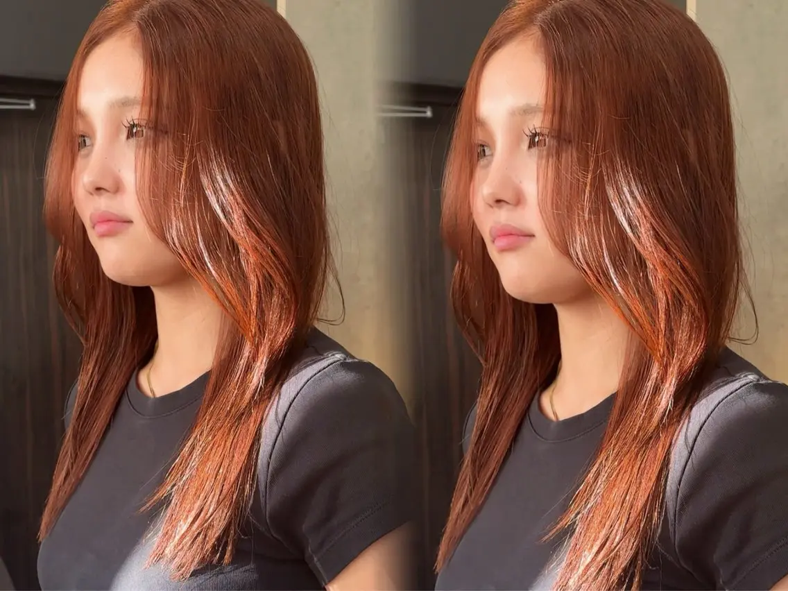 ロング オレンジブラウン 顔周りカット 韓国風ヘア レイヤーカット カット ヘアカラー トリートメント 顔まわりレイヤー/諒 オリーブカラー/天神のヘアスタイル