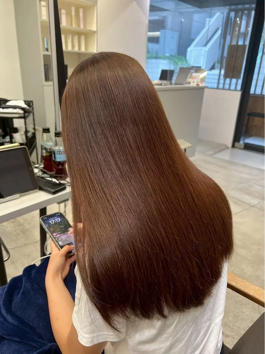 ロング パーマ 縮毛矯正 🍒モテ暖色カラー × うる艶✧ ゆなのヘアスタイル