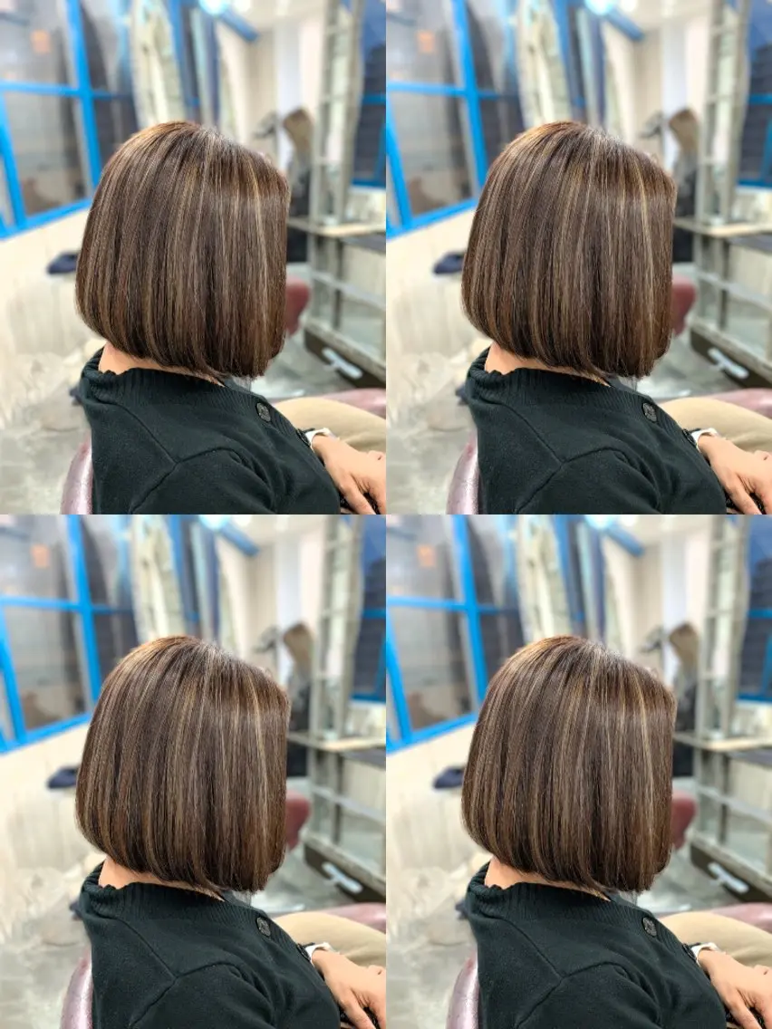 ミディアム カラー ショートボブ ハイライトカラー ボブ くびれヘア ハイライト カット ヘアカラー トリートメント メンズパーマ/顔周り レイヤーカット/えののヘアスタイル