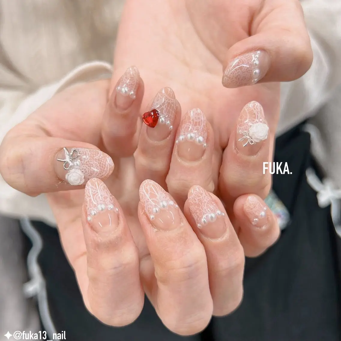 ネイル ガーリー 韓国ネイル レース 持ち込み リボン ハンドネイル Nail♡Fuka. /6月予約受付中のネイルデザイン