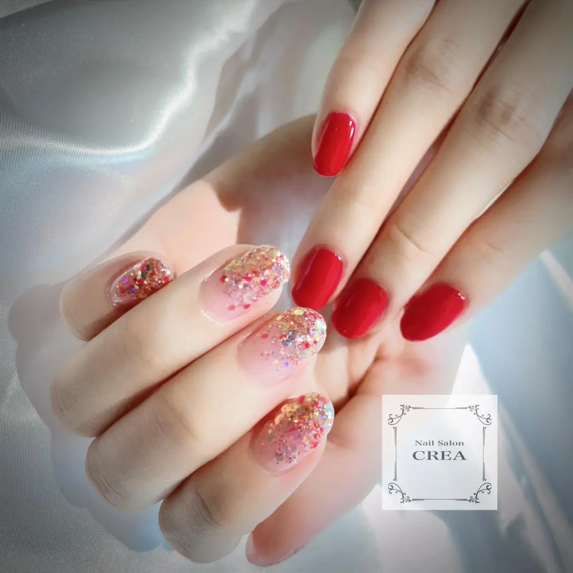 ネイル ジェルネイル ラメ(グリッター) ラメグラデーション ワンカラーネイル 赤色 ハンドネイル NailSalon CREAのネイルデザイン