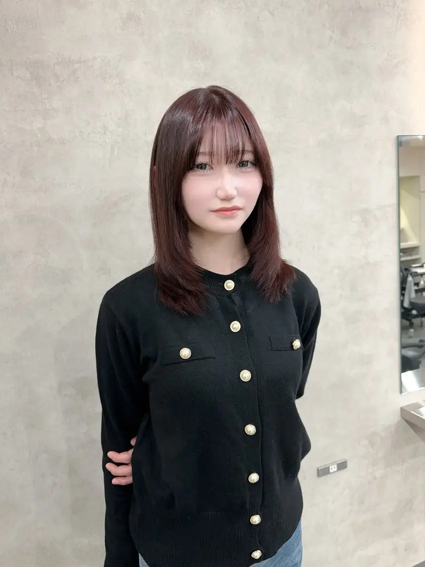 ミディアム カラー ヘアアレンジ ブラウンカラー ピンクカラー ピンクブラウン レイヤーカット カット ヘアカラー トリートメント 境町/透明感カラー/ レイヤー/中茎涼太のヘアスタイル