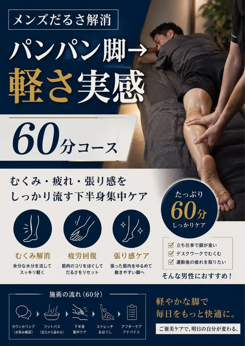 {メンズだるさ解消} パンパン脚→軽さ実感60分コースむくみ・疲れ・張り感をしっかり流す下半身集中ケアの写真