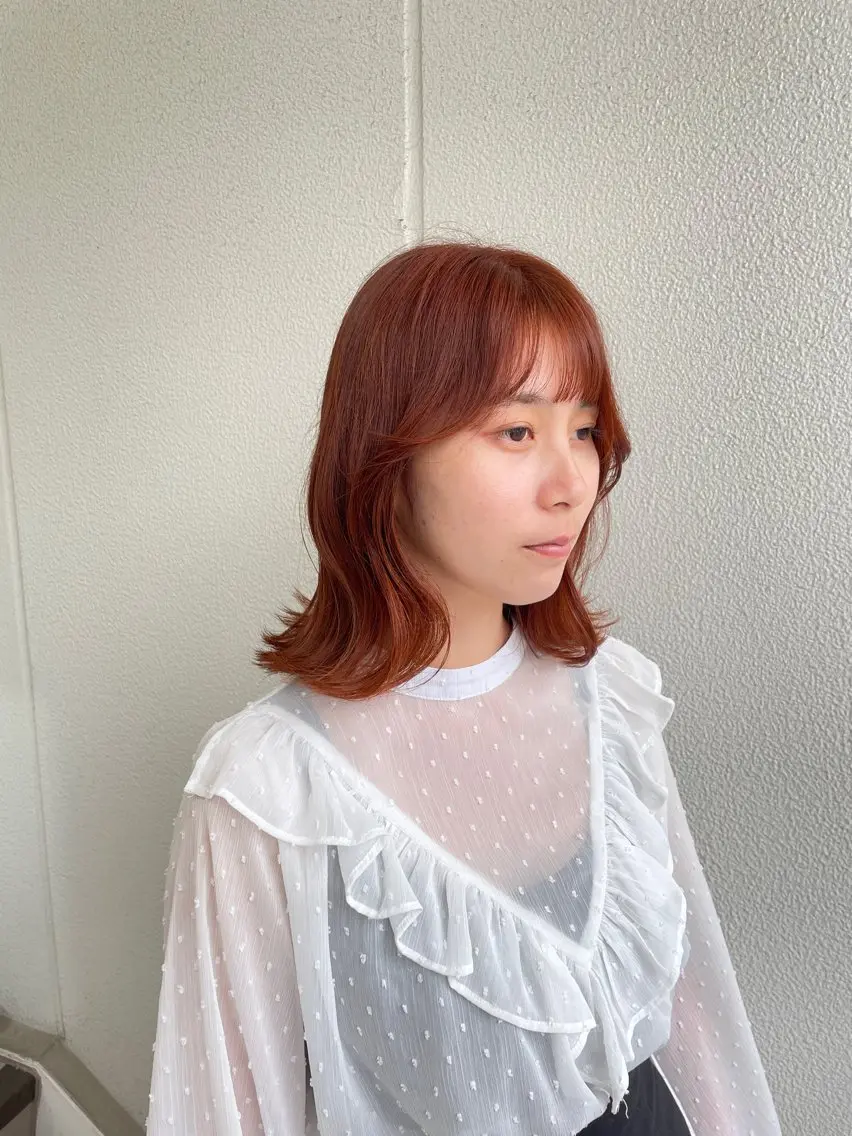 セミロング カラー ヘアアレンジ オレンジ ヘアカラー トリートメント ヘアセット 艶カラー✨縮毛矯正✨ 翁長孝輔のヘアスタイル