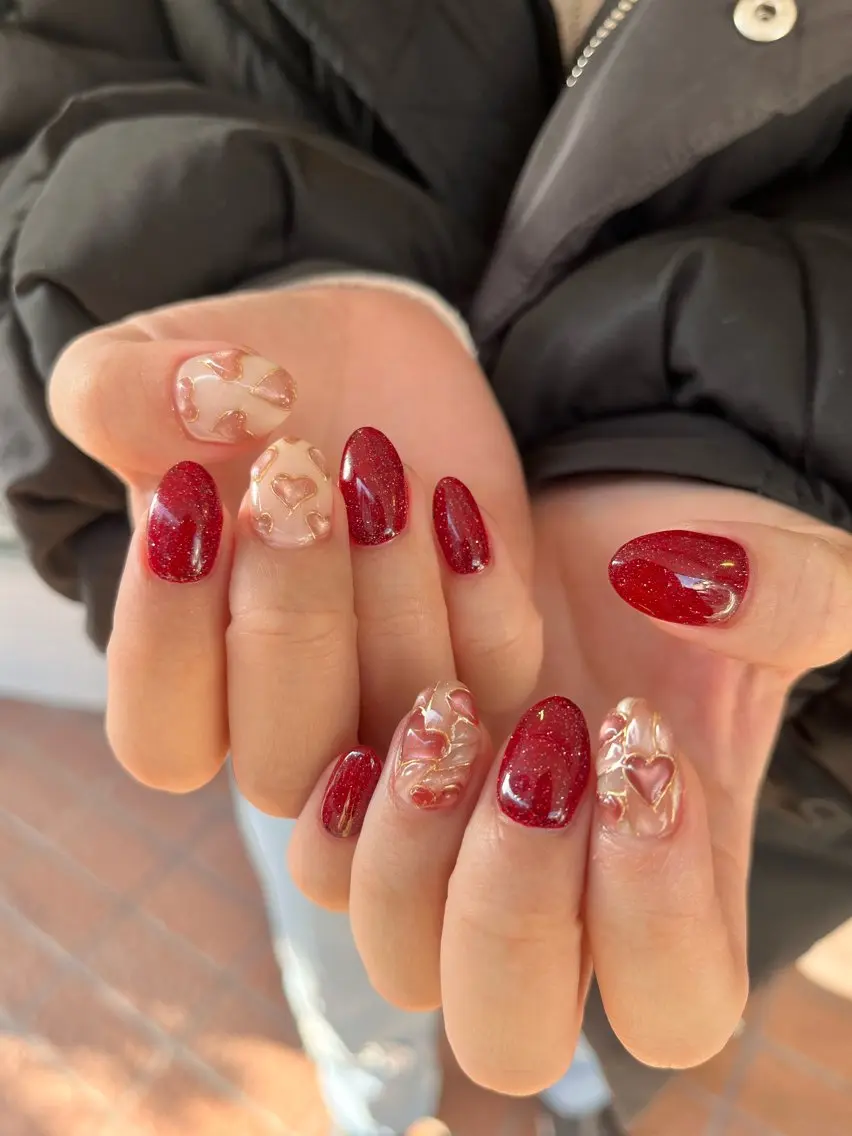 ネイル ハート ぷっくりネイル バレンタイン ハンドネイル ballie／小野原 なつみのネイルデザイン