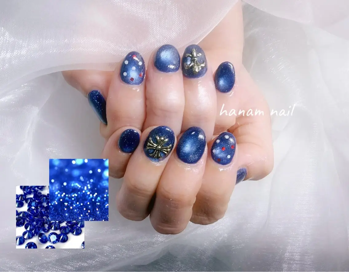 ネイル ブルー マグネットネイル ハンドネイル hanam nail 🌿🩵ハナムネイルのネイルデザイン