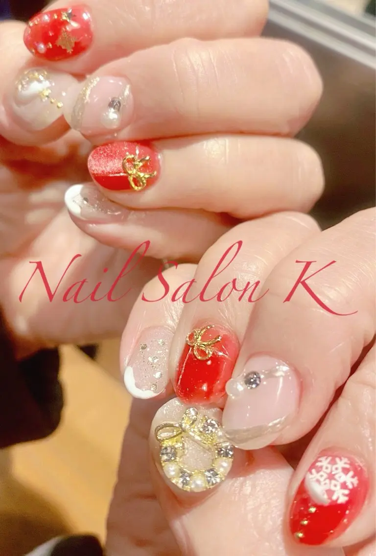 ネイル マグネットネイル リボン 冬ネイル クリスマス ハンドネイル Nail Salon K 🧸美爪育成のネイルデザイン