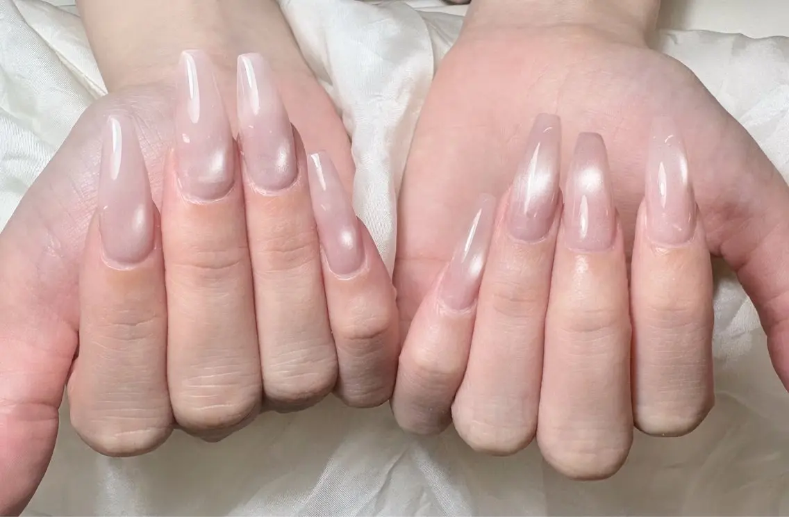ネイル オーロラネイル ブルー チークネイル 長さ出し フットネイル ハンドネイル Kaki ちゃんのネイルデザイン