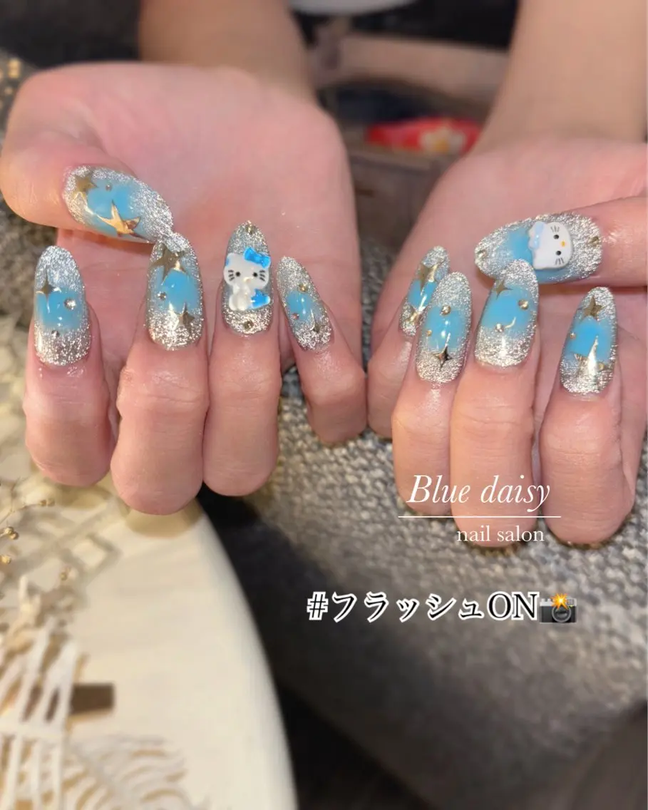 ネイル フラッシュネイル ジェルネイル マグネットネイル 持ち込み パラジェル Blue daisy 栄本店のネイルデザイン