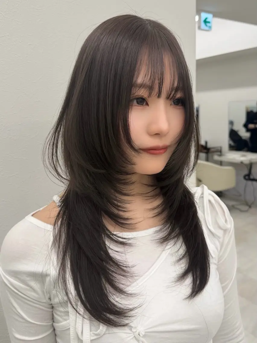 ロング くびれヘア 顔周りカット ハッシュカット ハイレイヤー 髪質改善 リコ ハッシュカット 韓国レイヤーのヘアスタイル