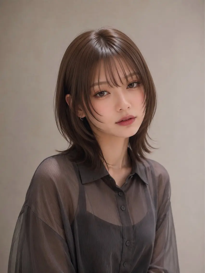 ミディアム カット ヘアカラー トリートメント ミディアムレイヤー ストレートKANAのヘアスタイル