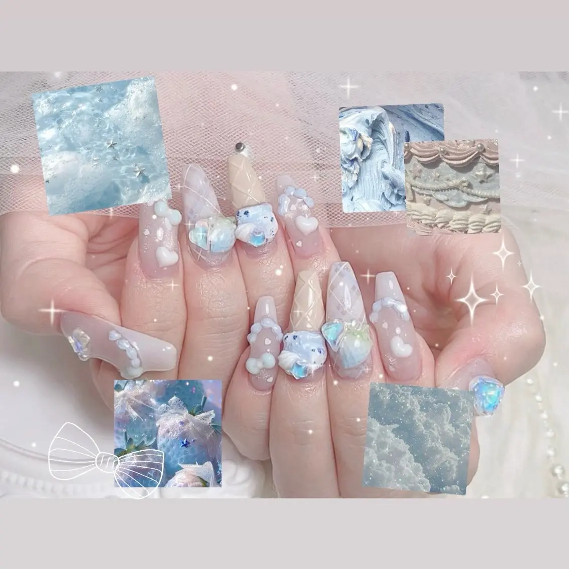 ネイル ブルー ハート 氷ネイル・うるうるネイル リボン Sora NAILのネイルデザイン