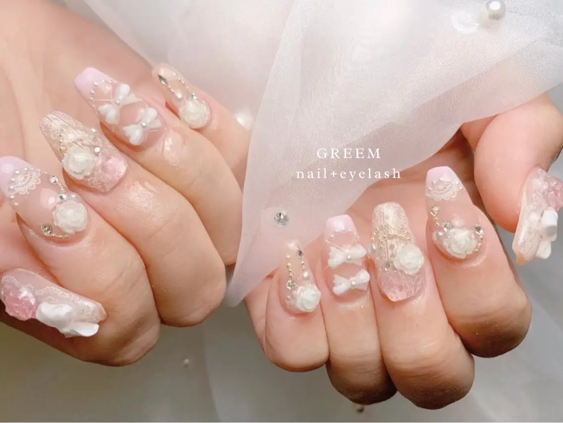 ネイル ガーリー レース ハンドネイル GREEM グリームのネイルデザイン