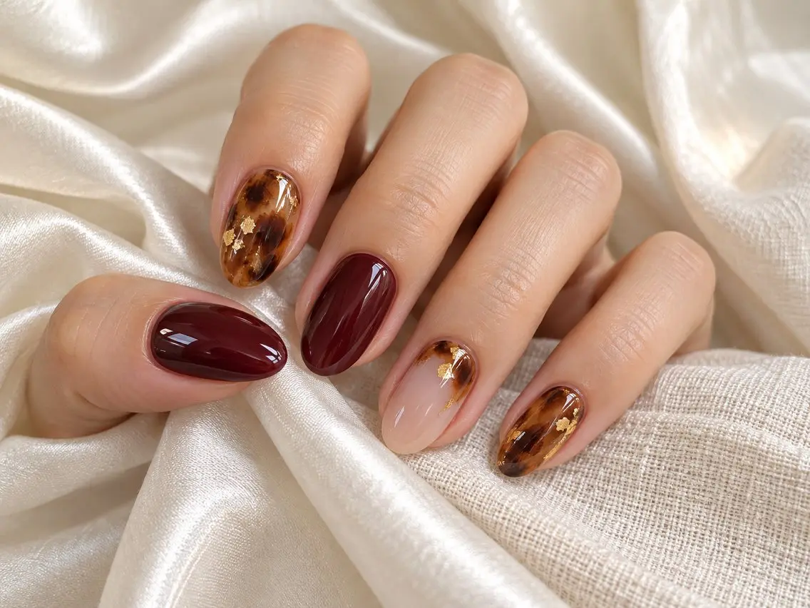ネイル べっ甲ネイル ボルドー ブラウン ラメ(グリッター) ニュアンスネイル NailSalon✨ Écrinエクランのネイルデザイン
