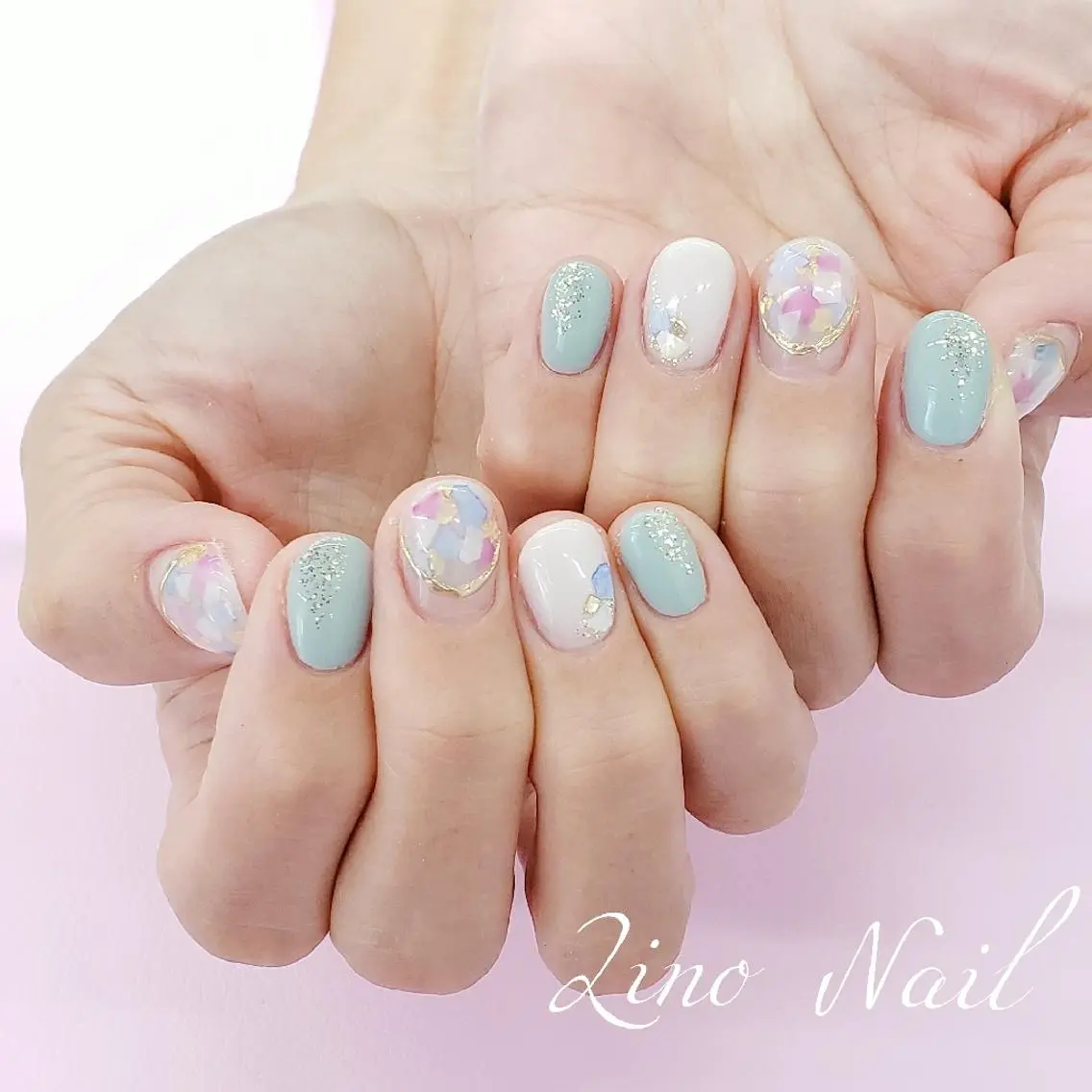 ネイル ブルー カジュアル フレンチネイル ジェルネイル キラキラネイル ハンドネイル Lino Nailのネイルデザイン