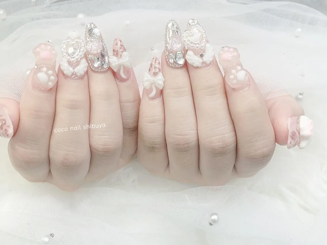 ネイル 成人式 大理石ネイル(マーブル) リボン 夏ネイル ネイルチップ ハンドネイル Mei Salon 長さ出し専門店のネイルデザイン