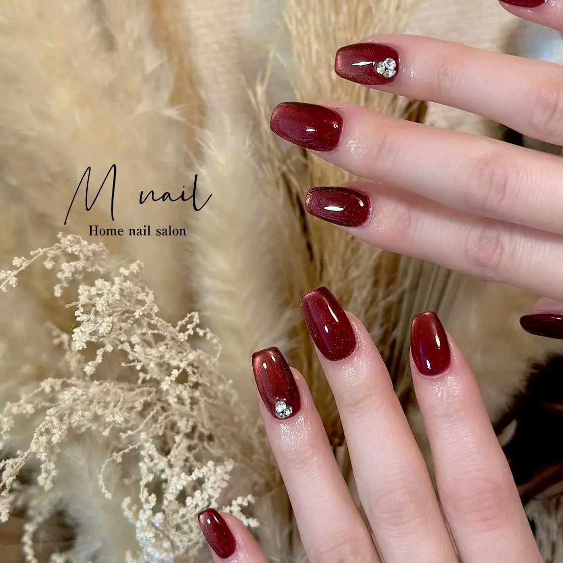 ネイル ボルドー マグネットネイル ストーンネイル ハンドネイル Home salon M nailのネイルデザイン