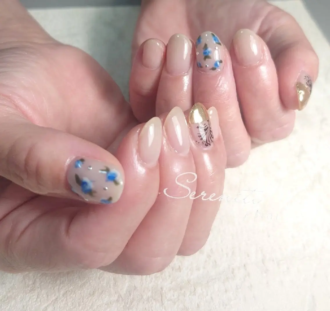 ネイル ブルー レース 持ち込み ハンドネイル nail  serenityのネイルデザイン