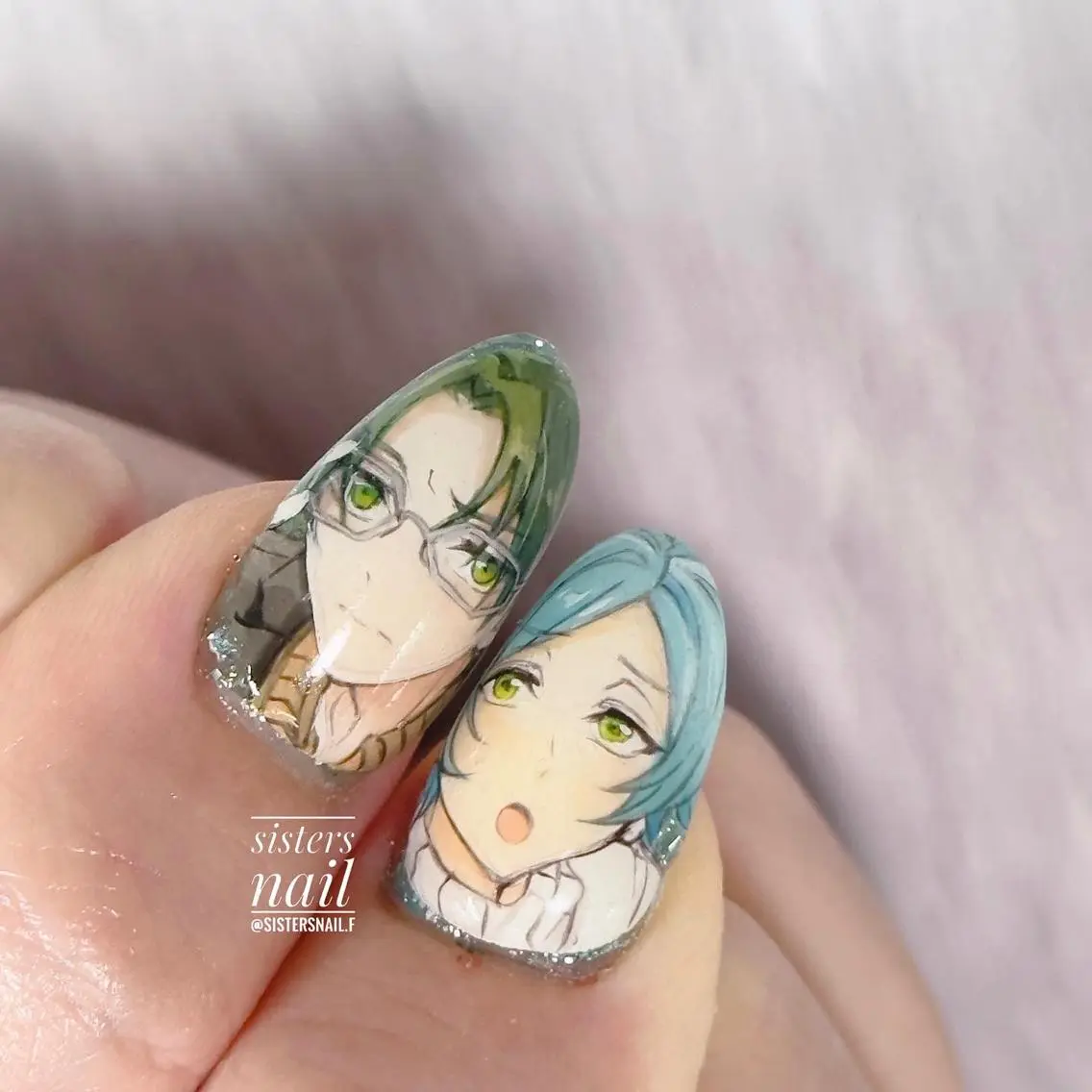 ネイル アートネイル ブルー グリーン キラキラネイル ツイードネイル sisters nail.fのネイルデザイン