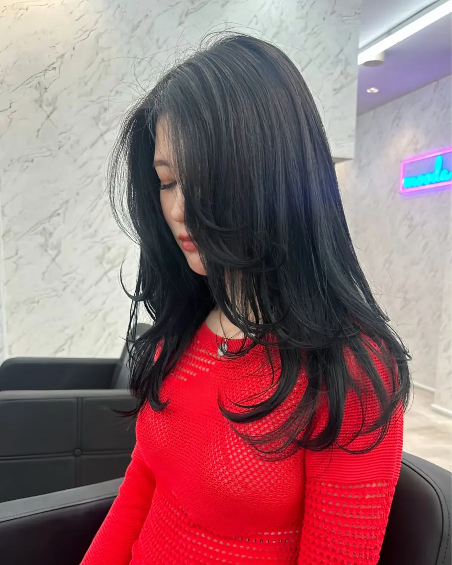 ロング カラー 黒髪 ブルーカラー ブルーブラック レイヤーカット 遠藤沙也加 /レイヤーカットのヘアスタイル